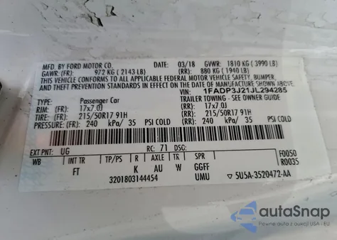 2018 Ford Focus Titanium из США, поврежденный, VIN 1FADP3J21JL294285